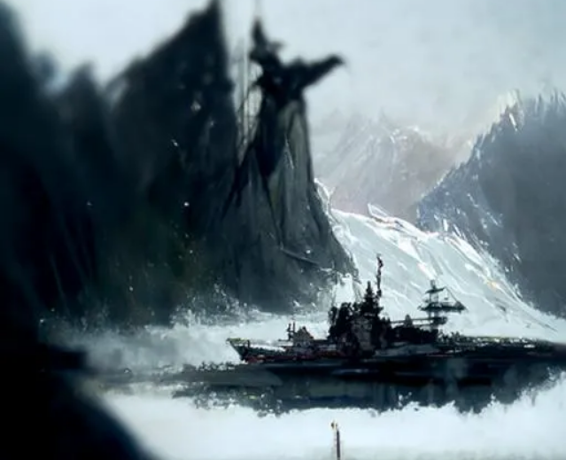 warship in front of a glacier