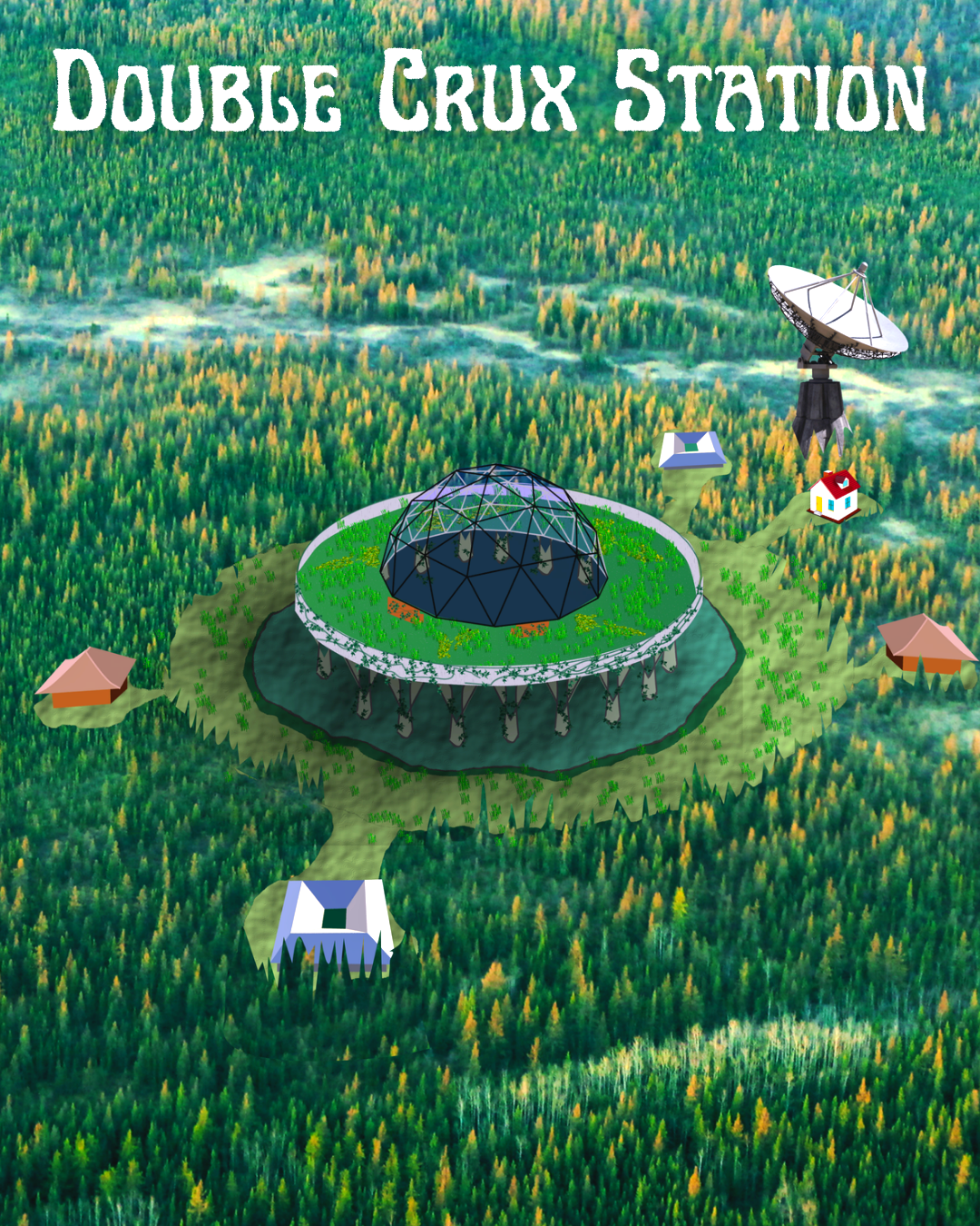 aerial view of circular building in a forest.